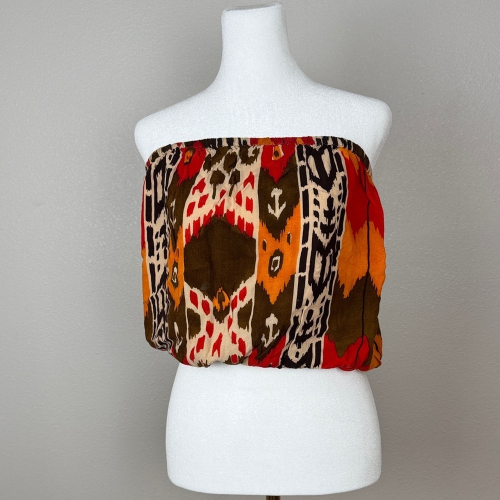 Poetry Ikat Print Strapless Tube Top Smocked Rayon Brown Red Orange M